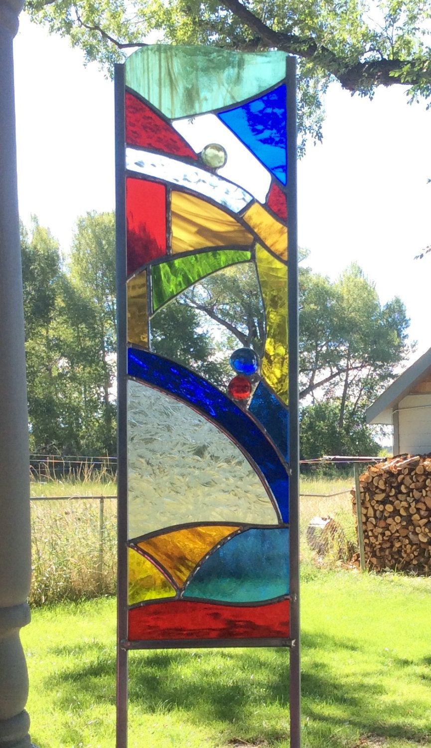 Stained Glass Garden Stake Mountain Stream Yard Art Garden Panel Blue