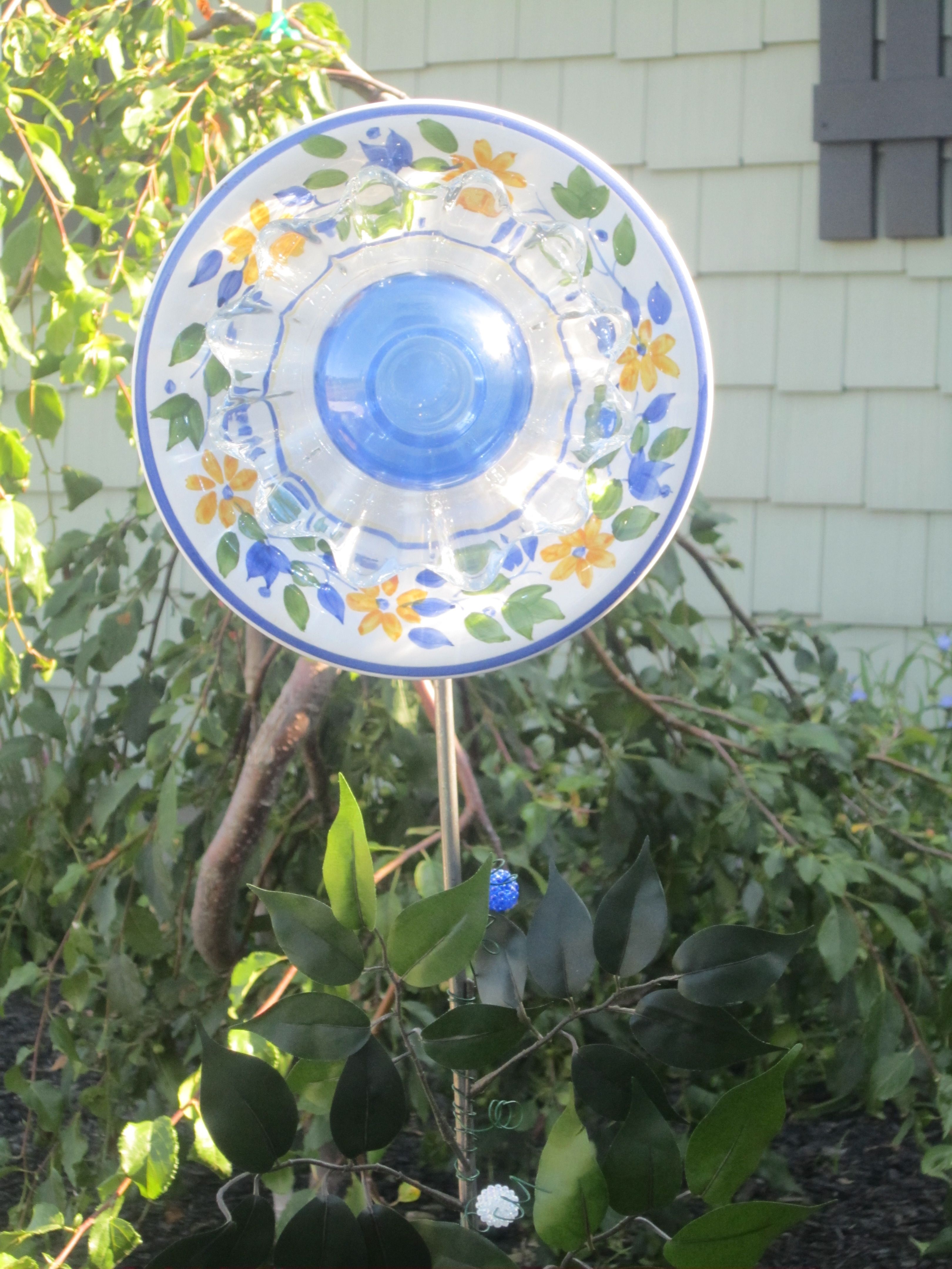 Repurposed Glass Plate Flower Upcycled Garden Dish Flower Yard